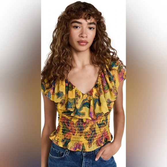 NWT MISA Los Angeles Cara Floral-Print Ruffle Smocked Top in Grand Canary Yellow - Picture 2 of 14